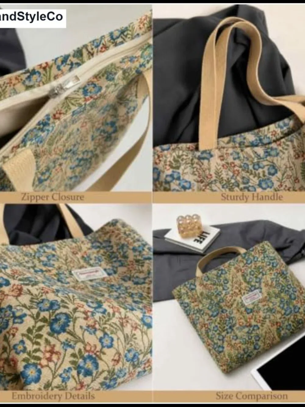 Floral Embroidered Canvas Tote Bag with Zipper, Patchwork Vintage Purse, Cute